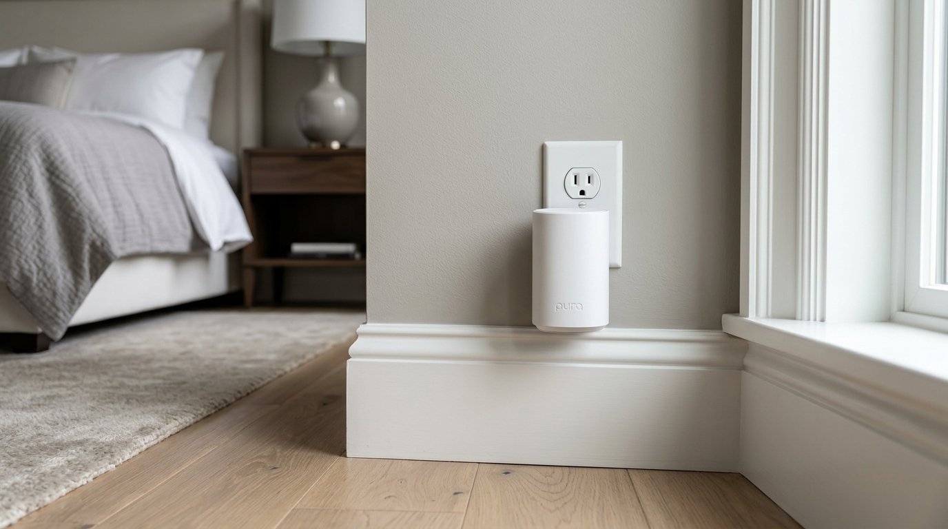 White Pura home fragrance device connected to a power outlet near a bedroom doorway.