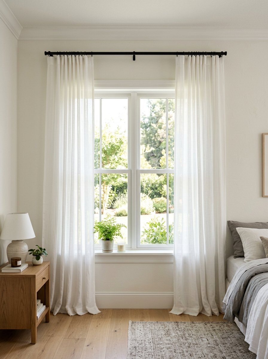 Bright bedroom window with light white sheer curtains hanging from a black rod with greenery on the sill.