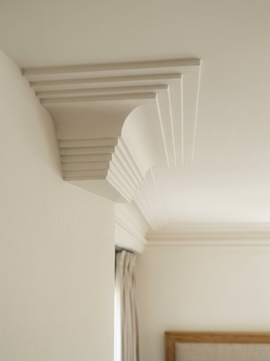 Close-up of a layered white architectural cornice corner transition on a ceiling above light beige walls.