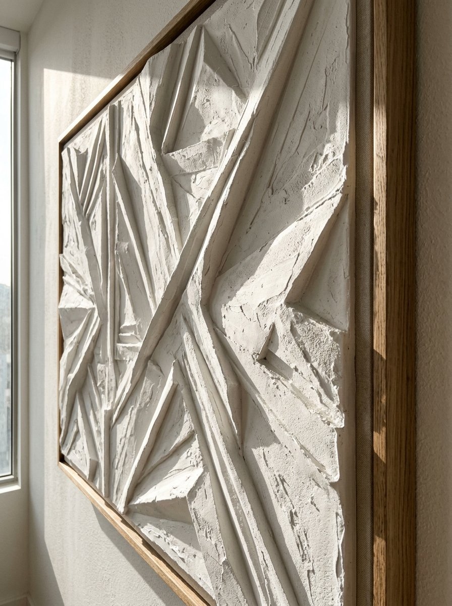 Close-up of a white abstract relief painting with geometric lines in a wooden frame hanging on a wall.