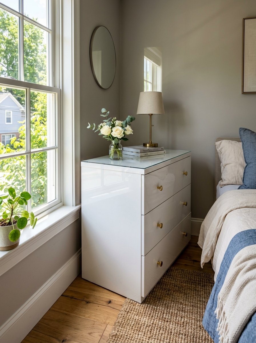 A sleek white three-drawer nightstand topped with a small lamp and a vase of flowers beside a bed.
