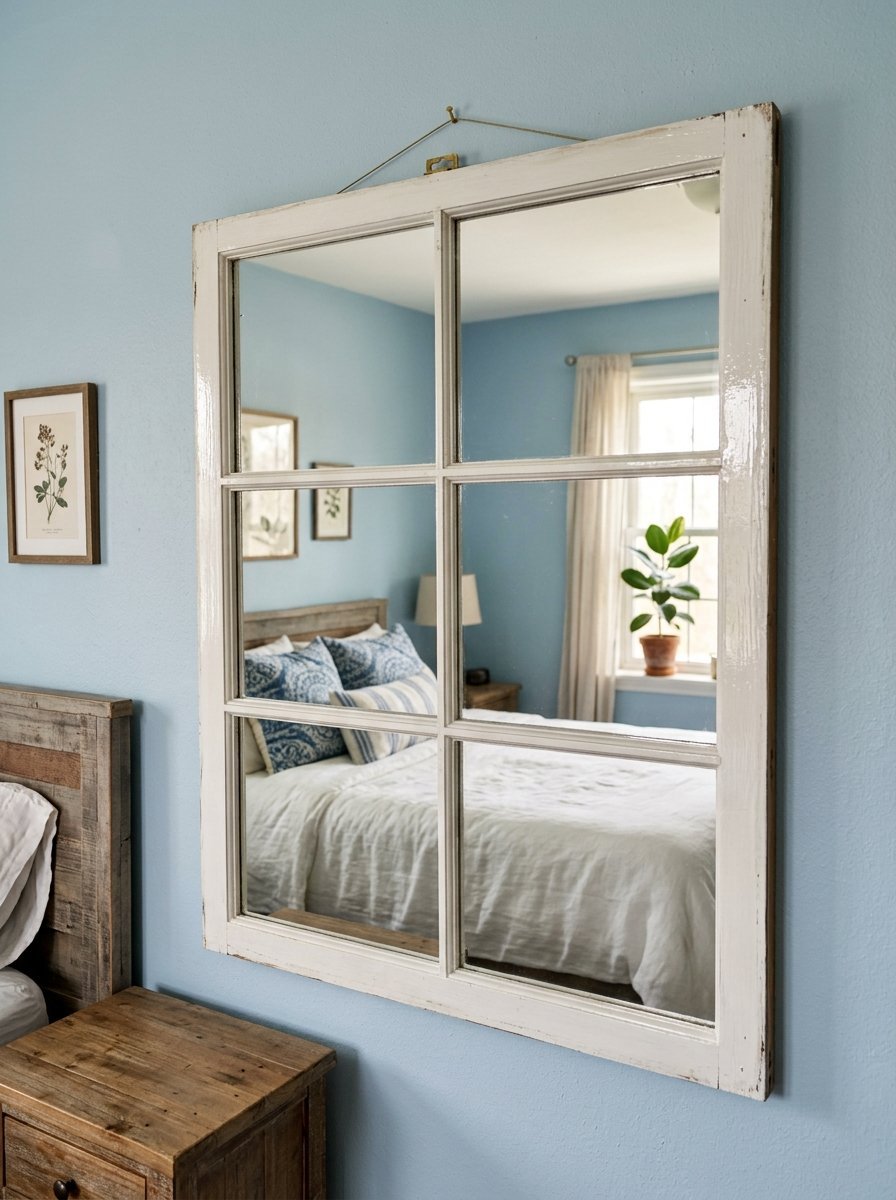A vintage white wooden window pane mirror hanging on a light blue wall reflects a bed with patterned pillows.