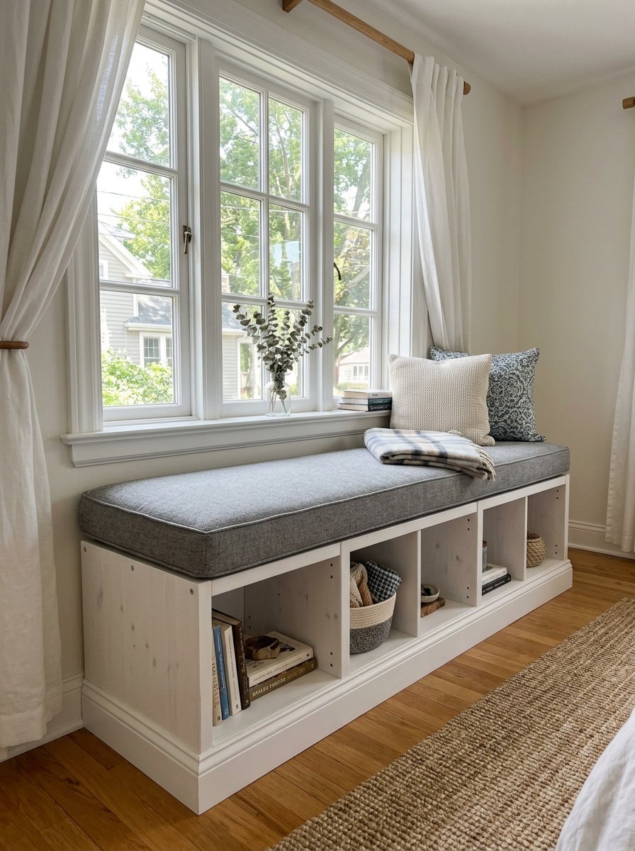 A white window seat with a grey cushion, pillows, and bookshelf storage compartments in a sunny room.