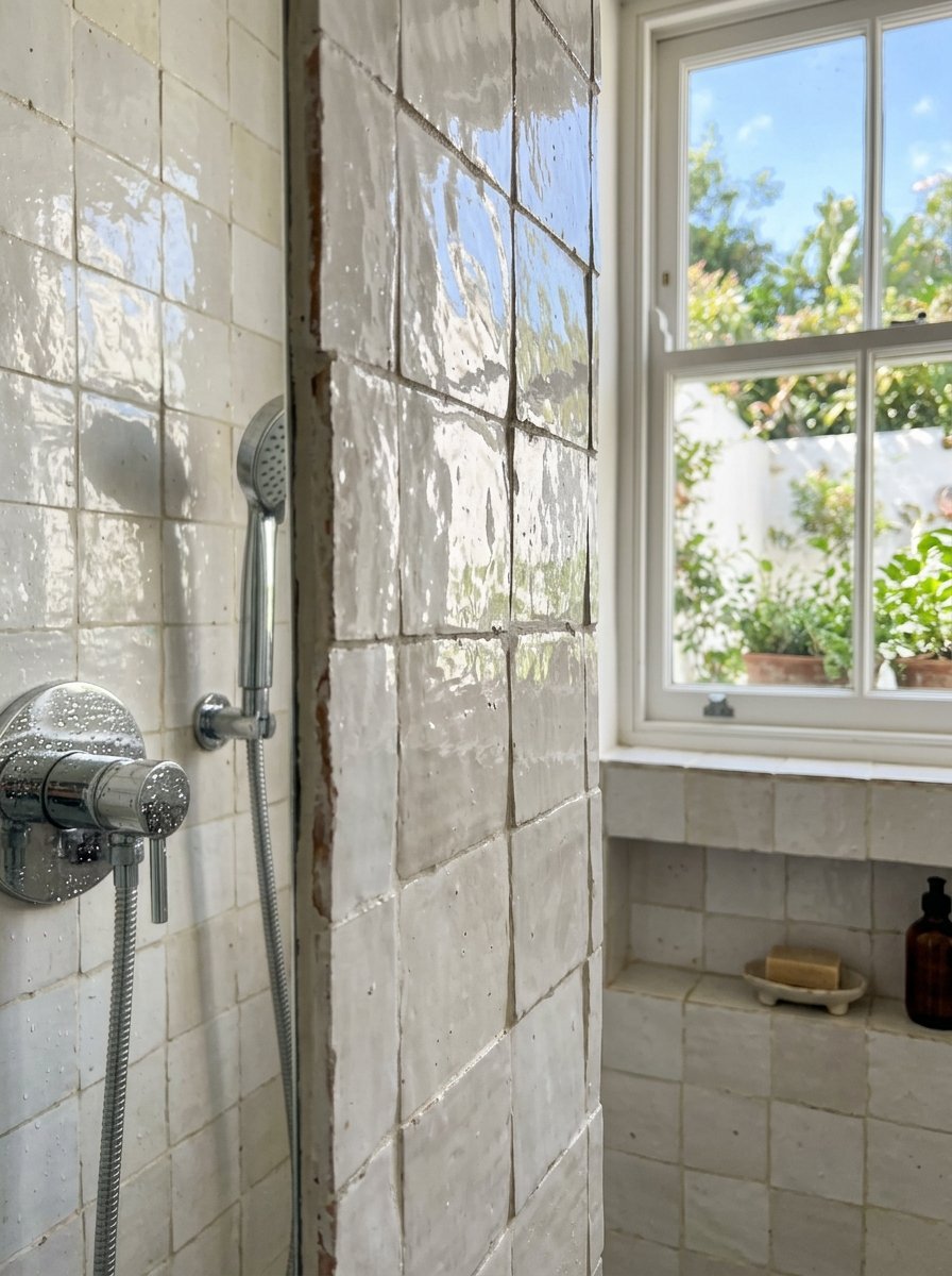 Close-up of a shower with shiny white textured tiles and a chrome handheld showerhead beside a bright garden window.