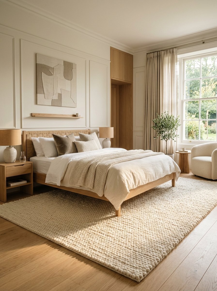 Modern bedroom with oak bed frame, beige chunky rug, and cream textured wall art.
