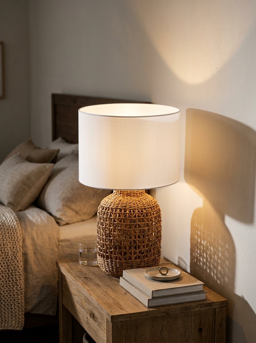 Close-up of a woven rattan lamp on a wooden nightstand next to a bed with neutral linens.