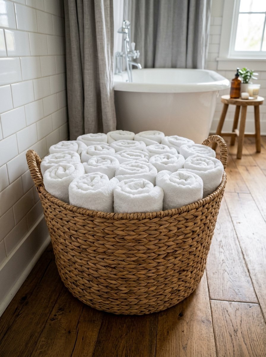 Round woven seagrass basket packed with clean white rolled towels on a rustic wood bathroom floor.