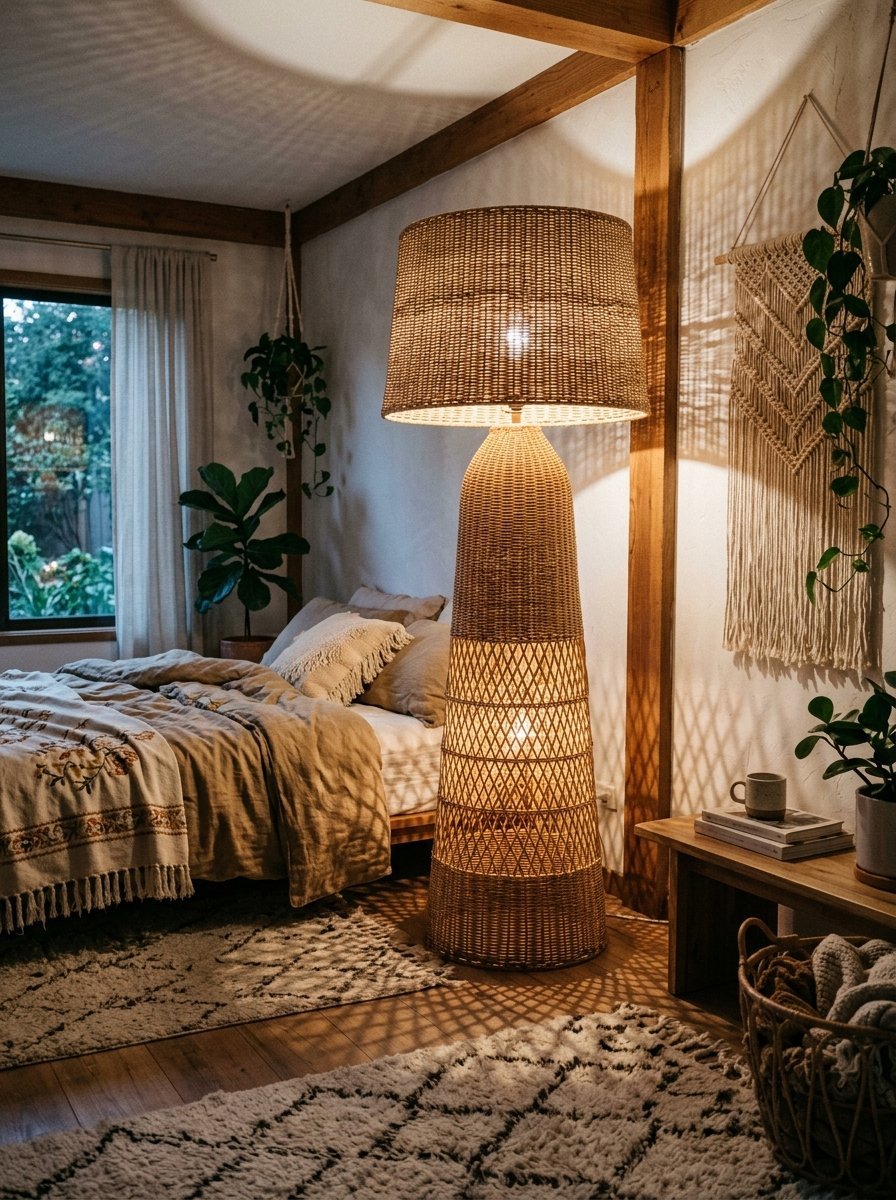 A large rattan floor lamp with a lattice base illuminates a bedroom featuring boho decor, plants, and a textured rug.