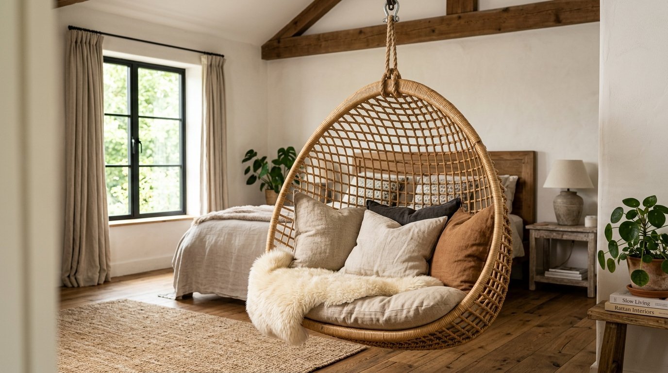 Rattan egg chair suspended in a bedroom with wooden beams and a linen-dressed bed in the background.