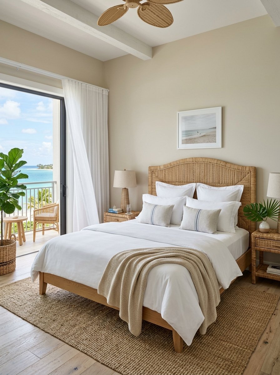 Neutral bedroom with a rattan headboard and ocean view balcony.