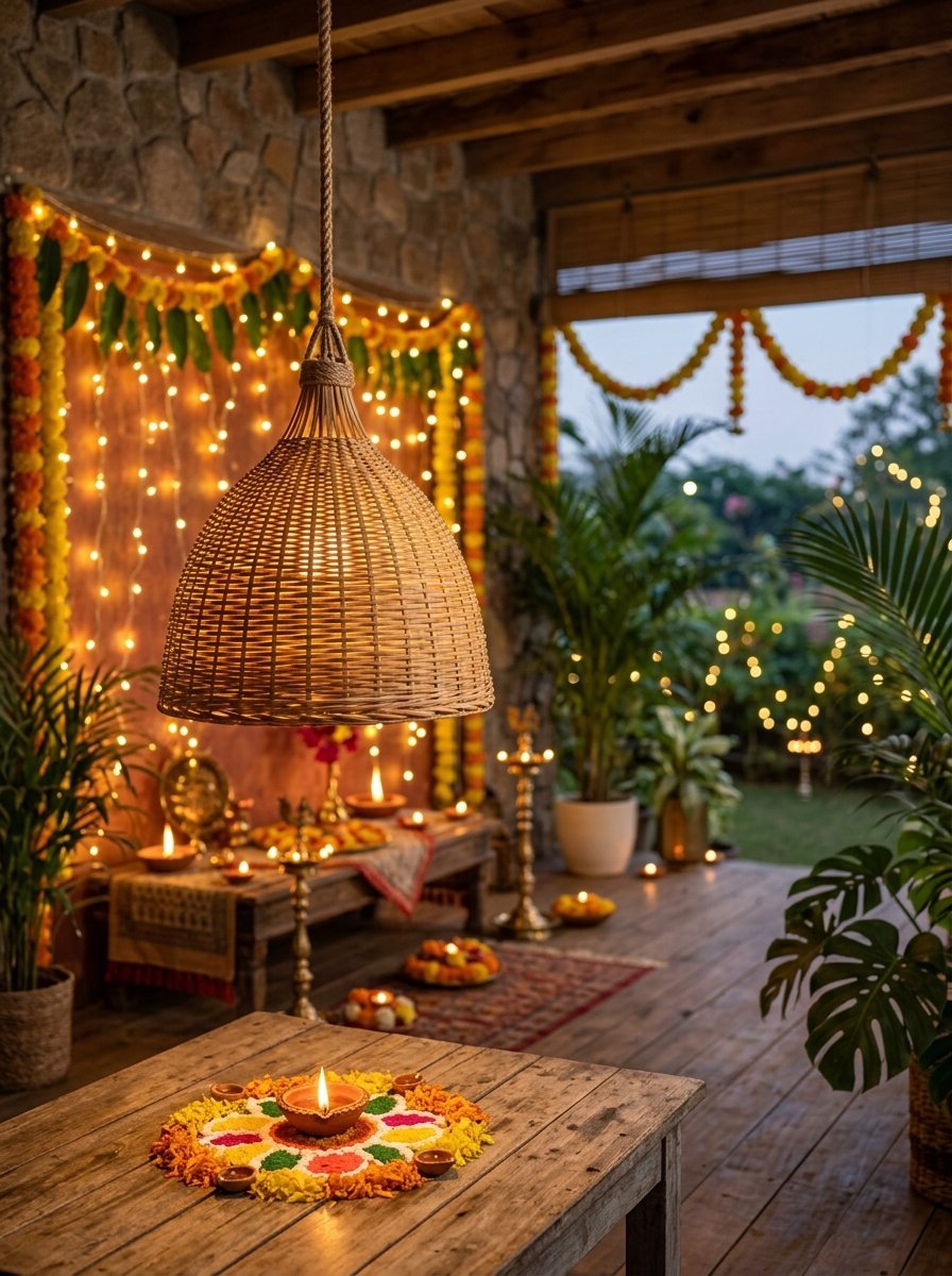 Rattan lamp shade suspended above a wooden table with a colorful rangoli and lit clay oil lamp.