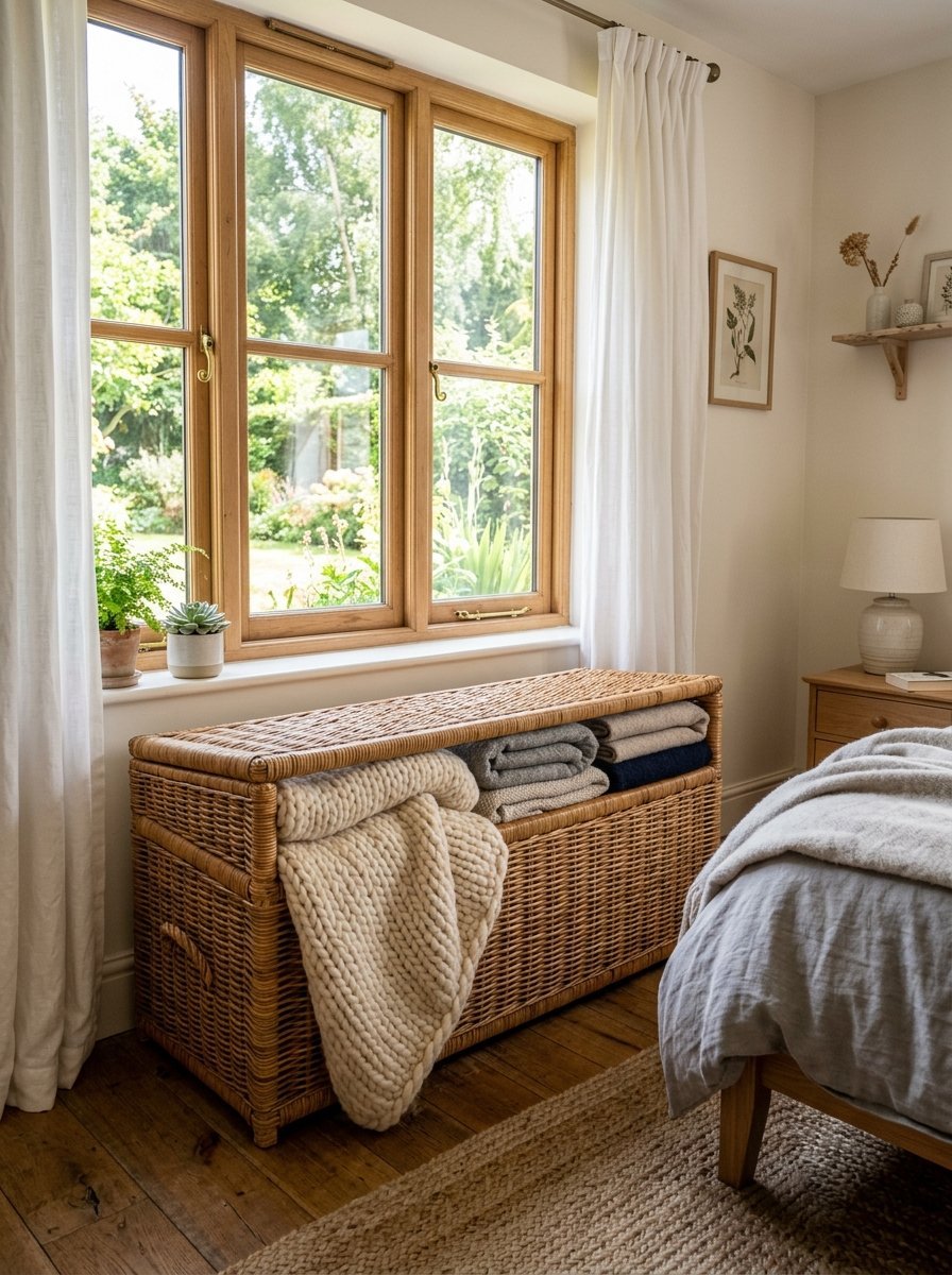 A rattan storage trunk filled with folded blankets sitting on a hardwood floor by a window with white curtains.