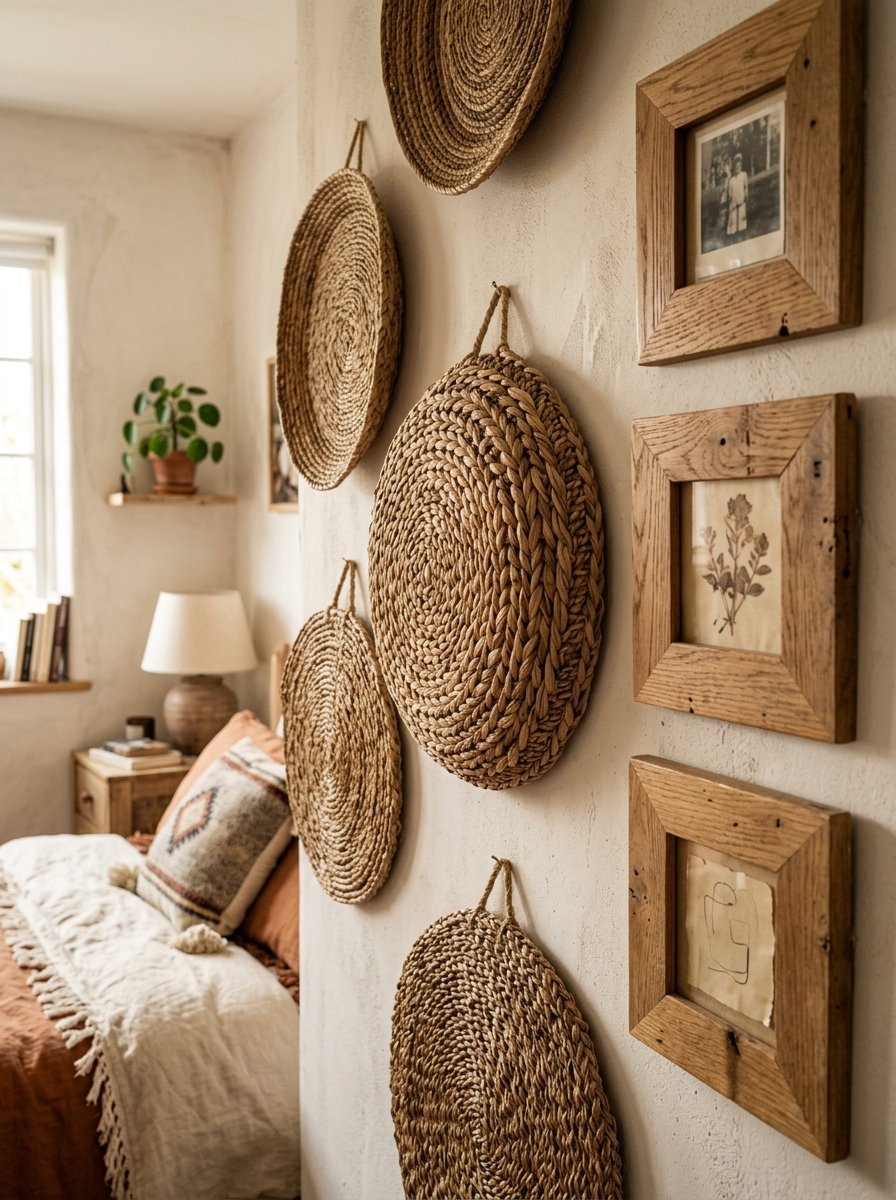 Textured straw wall hangings displayed next to framed botanical and abstract prints in a rustic bedroom.