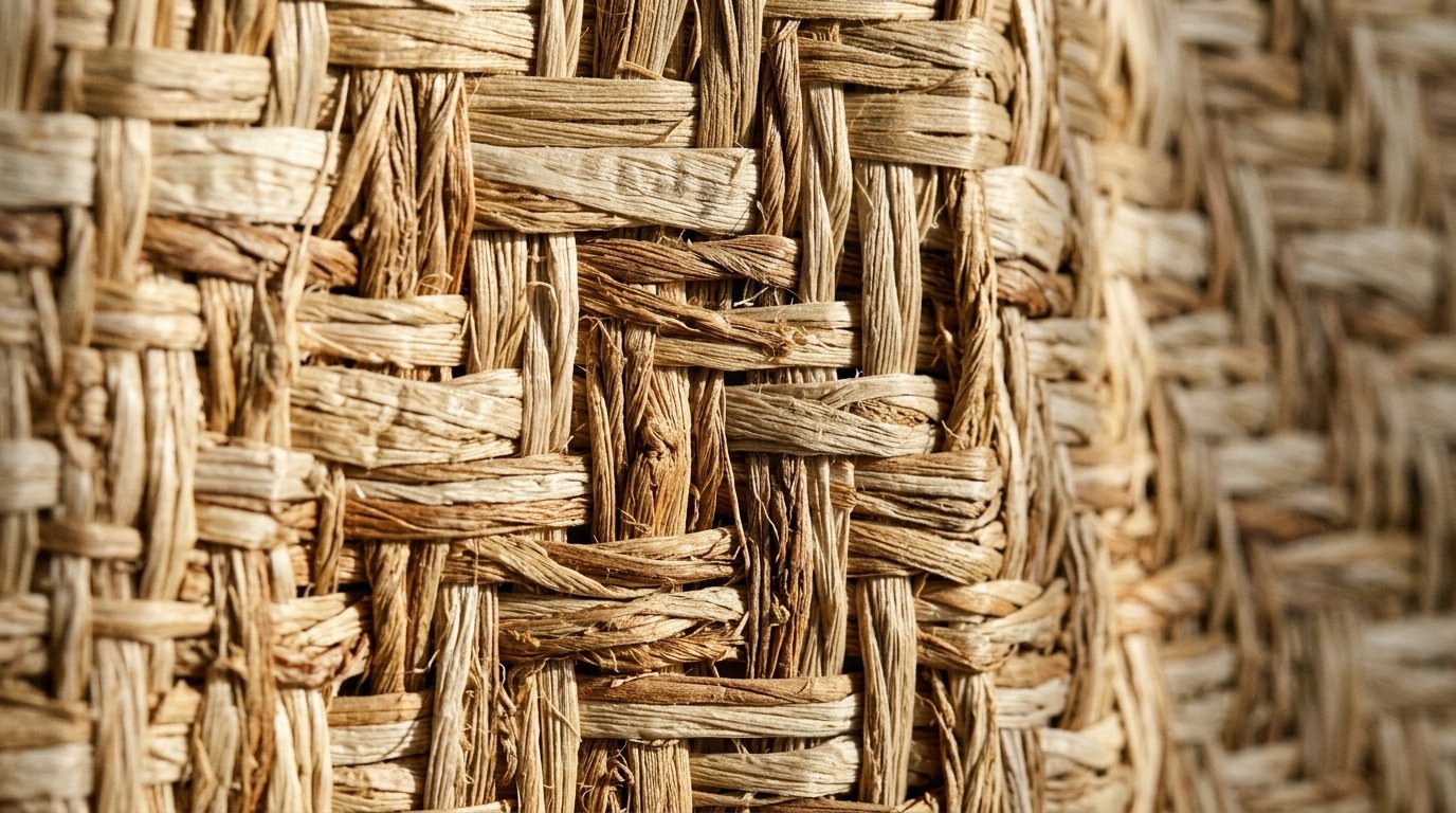 Macro view of light brown dried plant material woven into a tight grid-like basket texture.