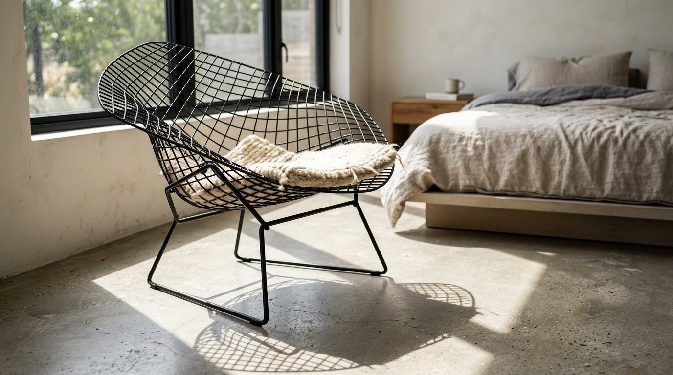 A black metal wire lounge chair with a textured beige seat pad sitting on a polished concrete floor.