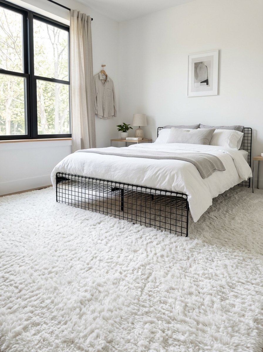 A modern bedroom with a black grid bed frame, white bedding, and a large fluffy white area rug.
