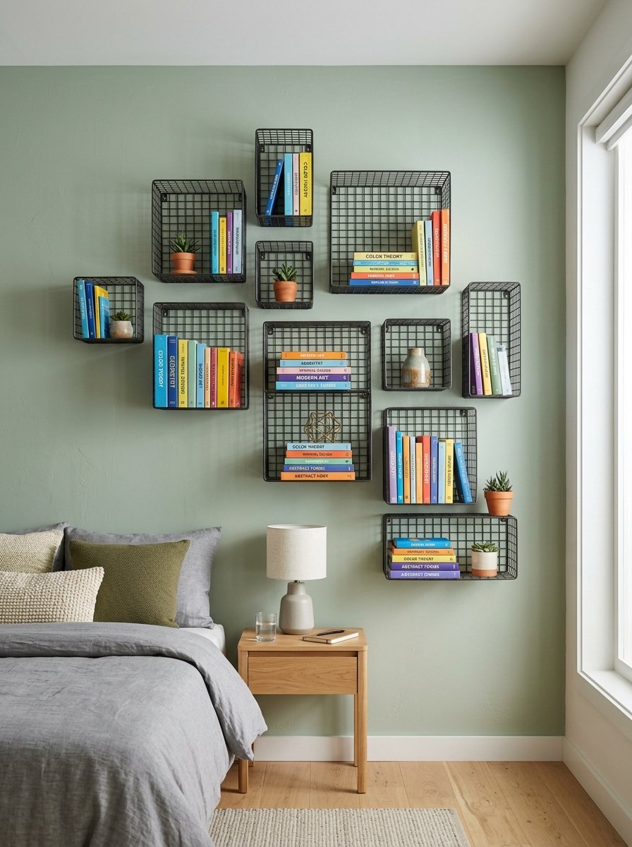 A sage green wall featuring multiple black metal wire grid shelves filled with vibrant books and small potted succulents.