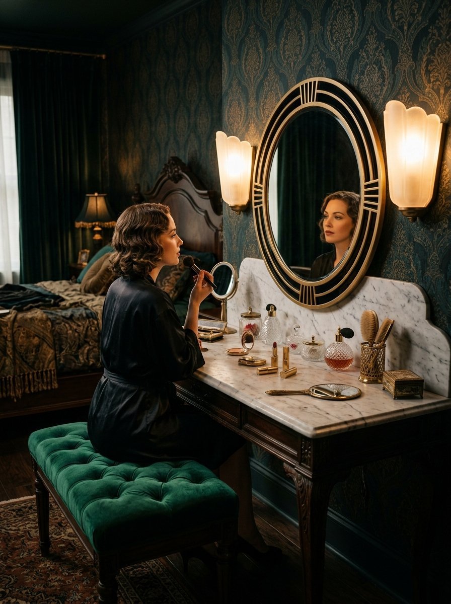 A woman with wavy hair uses a makeup brush while sitting at an art deco vanity table in a dimly lit, elegant bedroom.