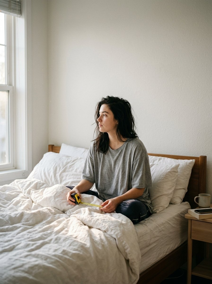A brunette woman in a grey shirt sits on a white bed holding a tape measure, looking out a window.