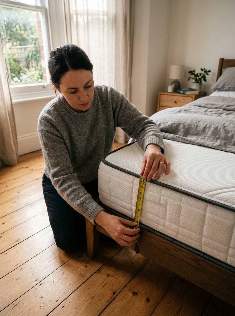 A person in a grey sweater using a yellow measuring tape to record the thickness of a bedroom mattress.
