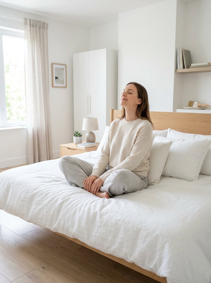A smiling woman in a cozy sweater meditates peacefully while sitting on a white bed in a minimalist bedroom.