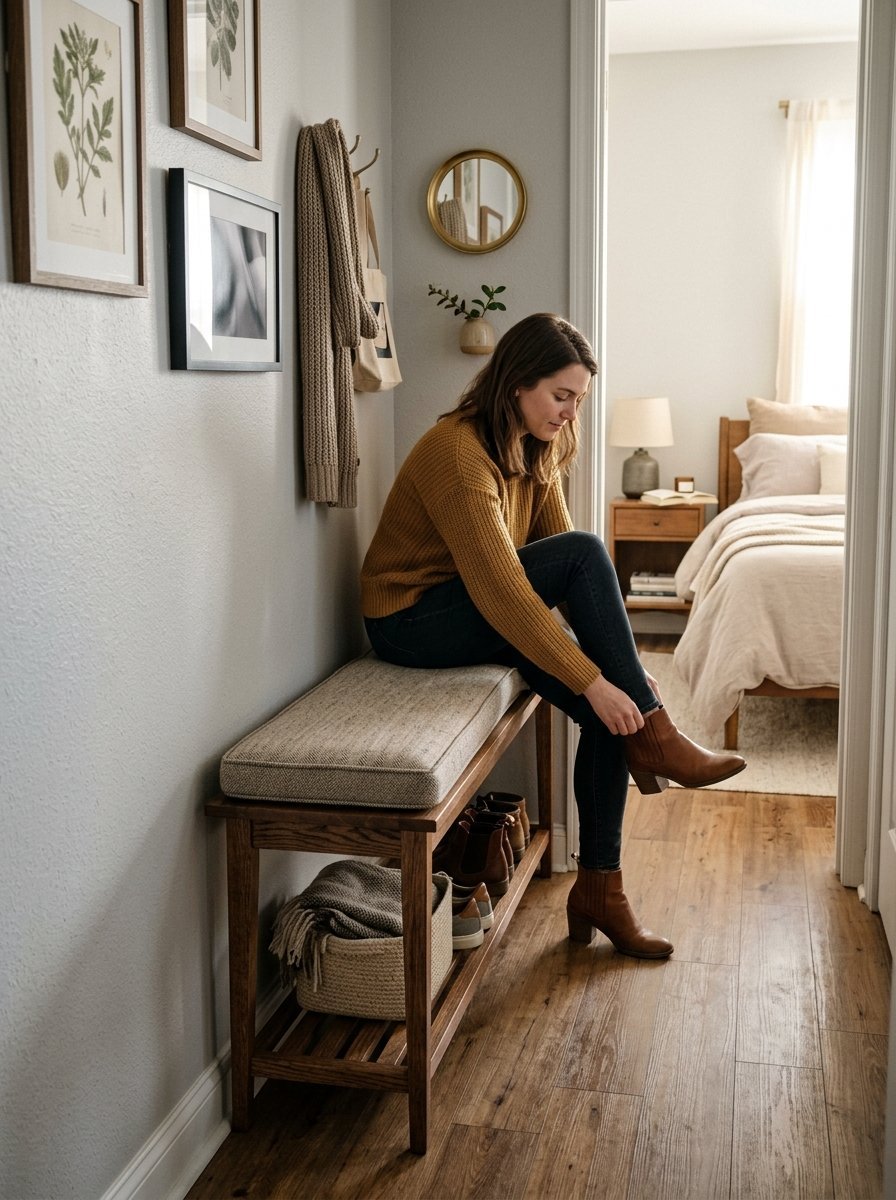 A woman in a yellow sweater sits on a wood bench in a hallway pulling on a brown leather ankle boot.