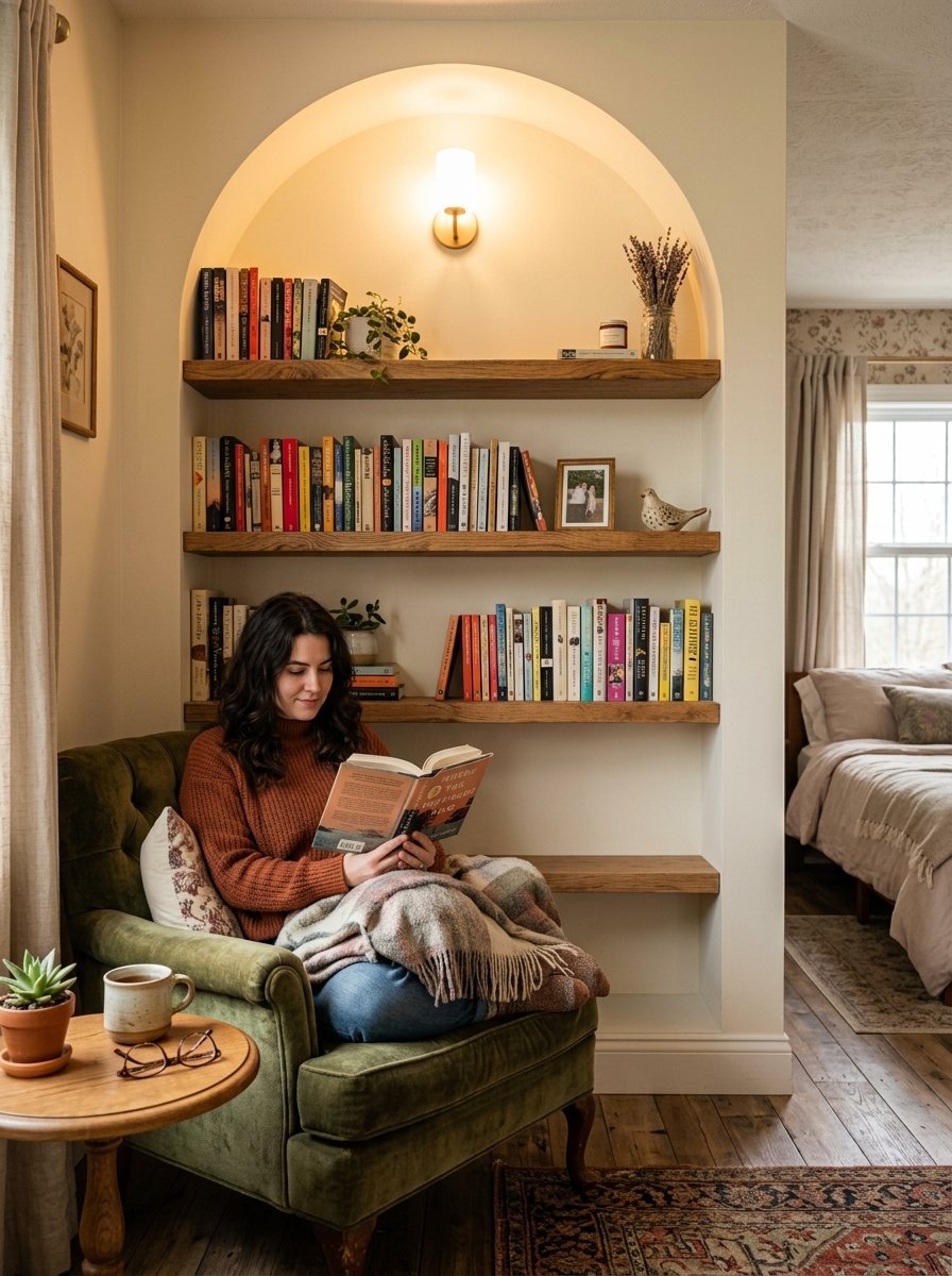 Woman in an orange sweater sitting in a green velvet chair reading by a lit arched bookshelf.