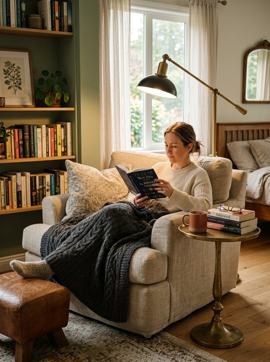 A woman sits in a cozy armchair with a dark blanket reading a book under a brass floor lamp in a library room.