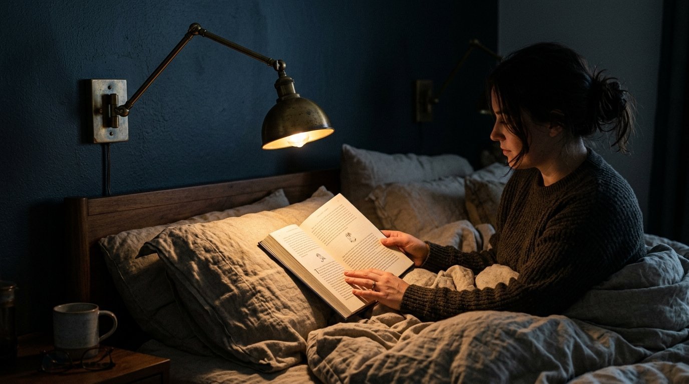 A person in a sweater reading a book while tucked into cozy linen bedding at night.