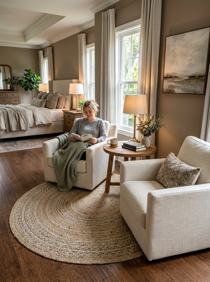 A woman sits in a beige armchair reading a book with a sage green blanket draped over her.