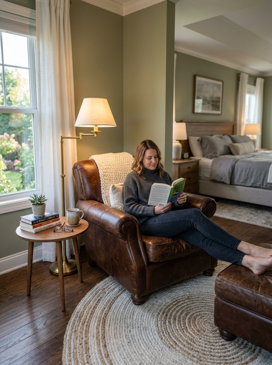 A woman in a grey sweater reading a book while sitting in a brown leather chair next to a floor lamp.