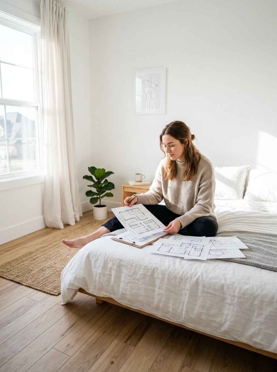 A woman in a beige sweater sits on a white bed studying paper floor plans with a pencil.