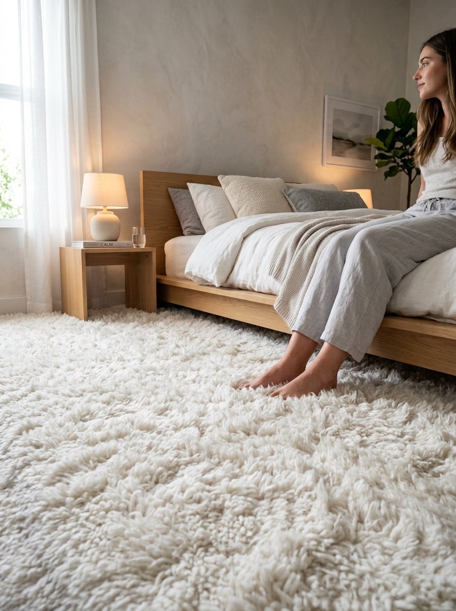 Close up of feet resting on a thick white shaggy rug beside a wooden bed frame.