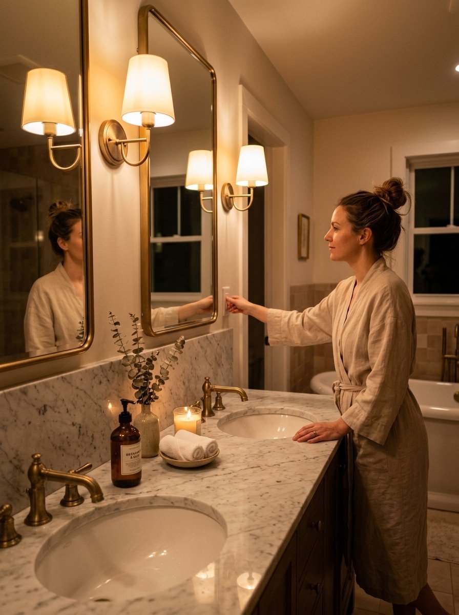 A woman with a bun in a beige robe turning on a light switch next to a marble double vanity mirror.