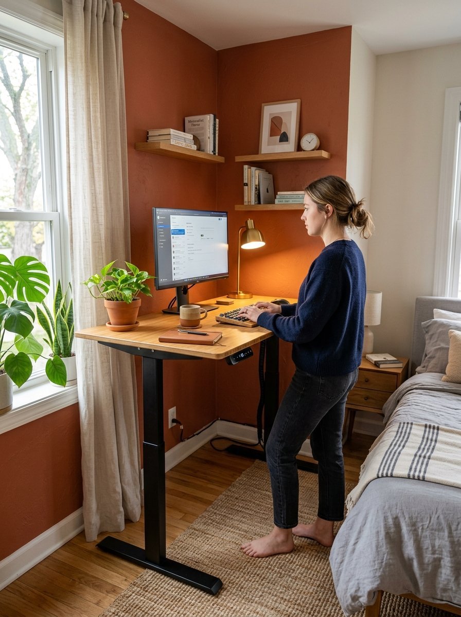 A person stands at a wood standing desk in a bedroom with terracotta walls while typing on a keyboard.