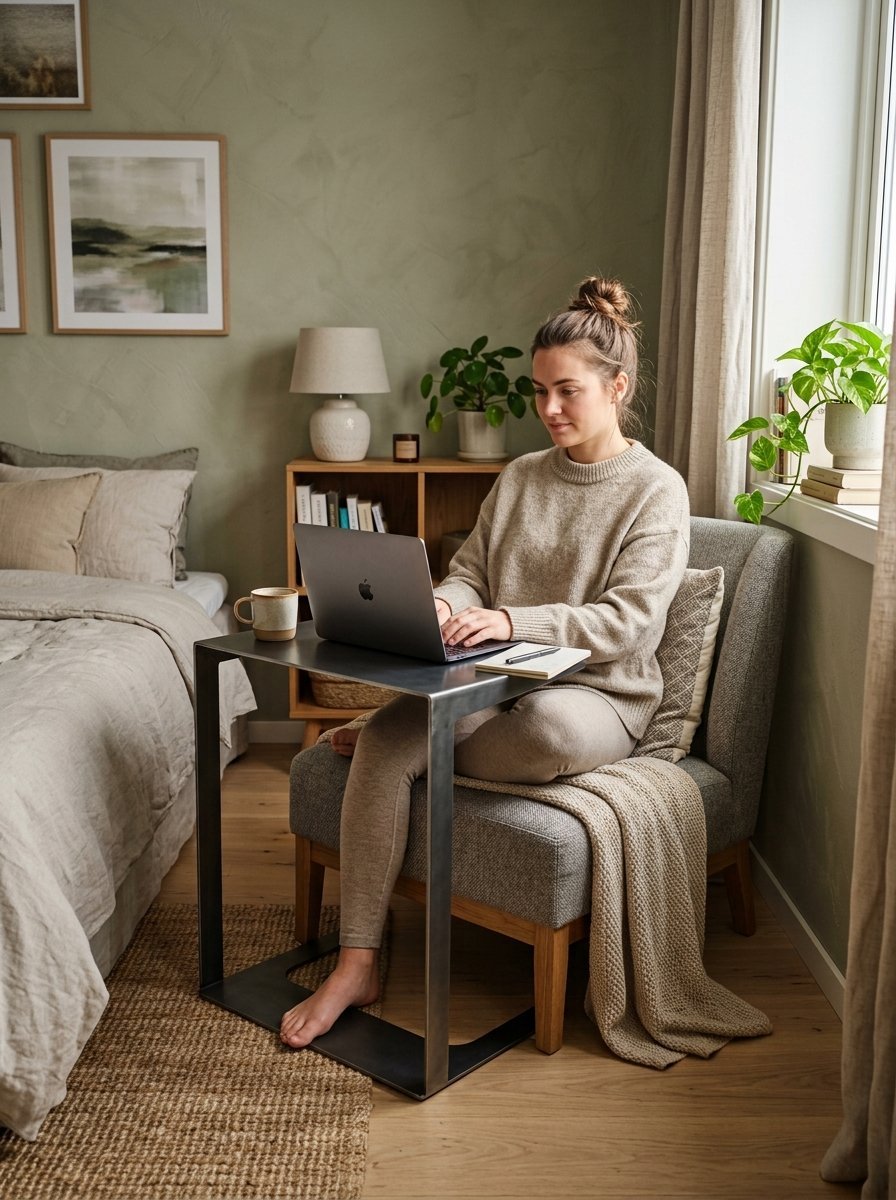 A person sitting in a chair using a laptop on a small metal c-shaped side table inside a room.