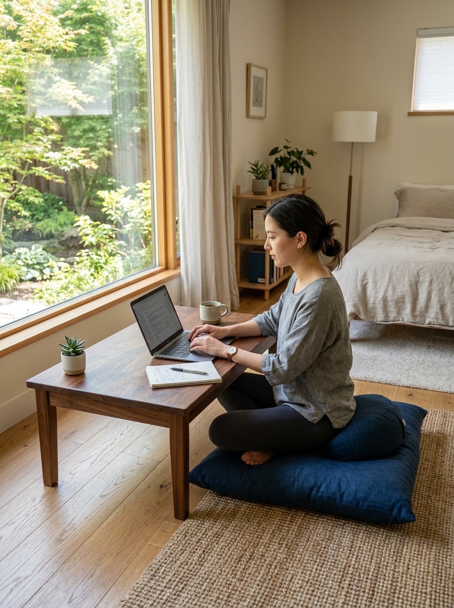 A woman sits cross-legged on a blue floor pillow, working on a wooden coffee table in a sunlit room.