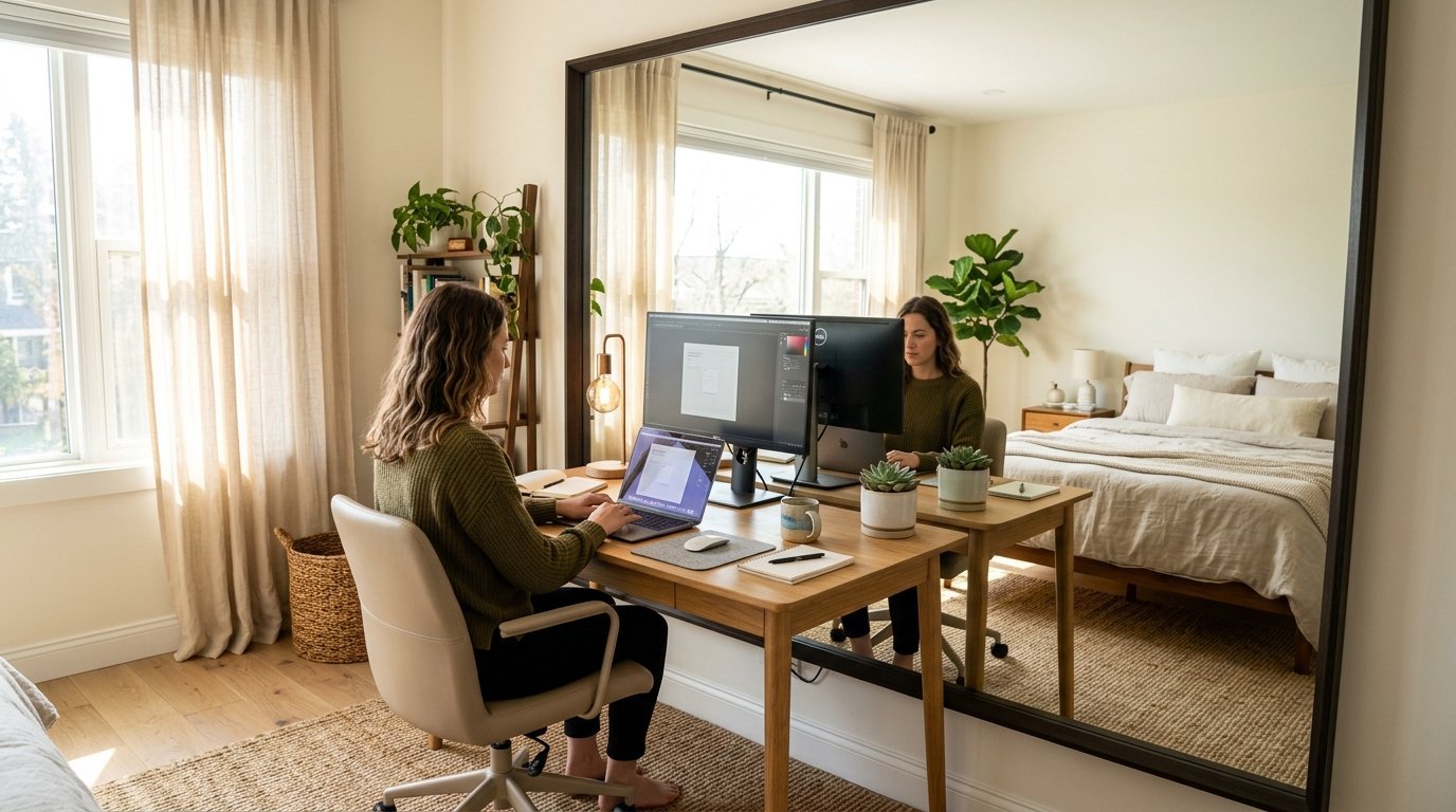 Woman in green sweater sitting at a desk with a laptop and monitor reflecting in a large wall mirror.