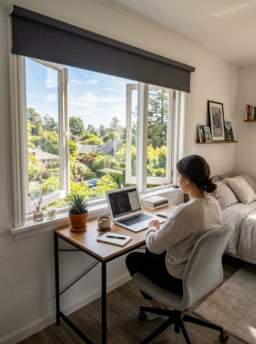 A woman sits at a wooden desk by an open window working on a laptop with a view of green trees.