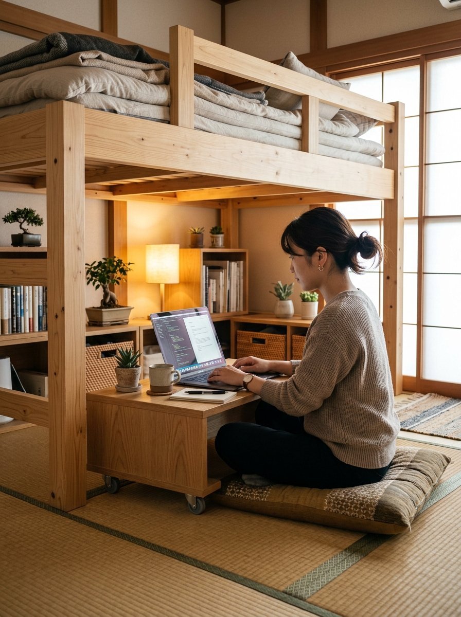 A woman types on a laptop while sitting on a floor cushion beneath a wooden loft bed in a Japanese style room.