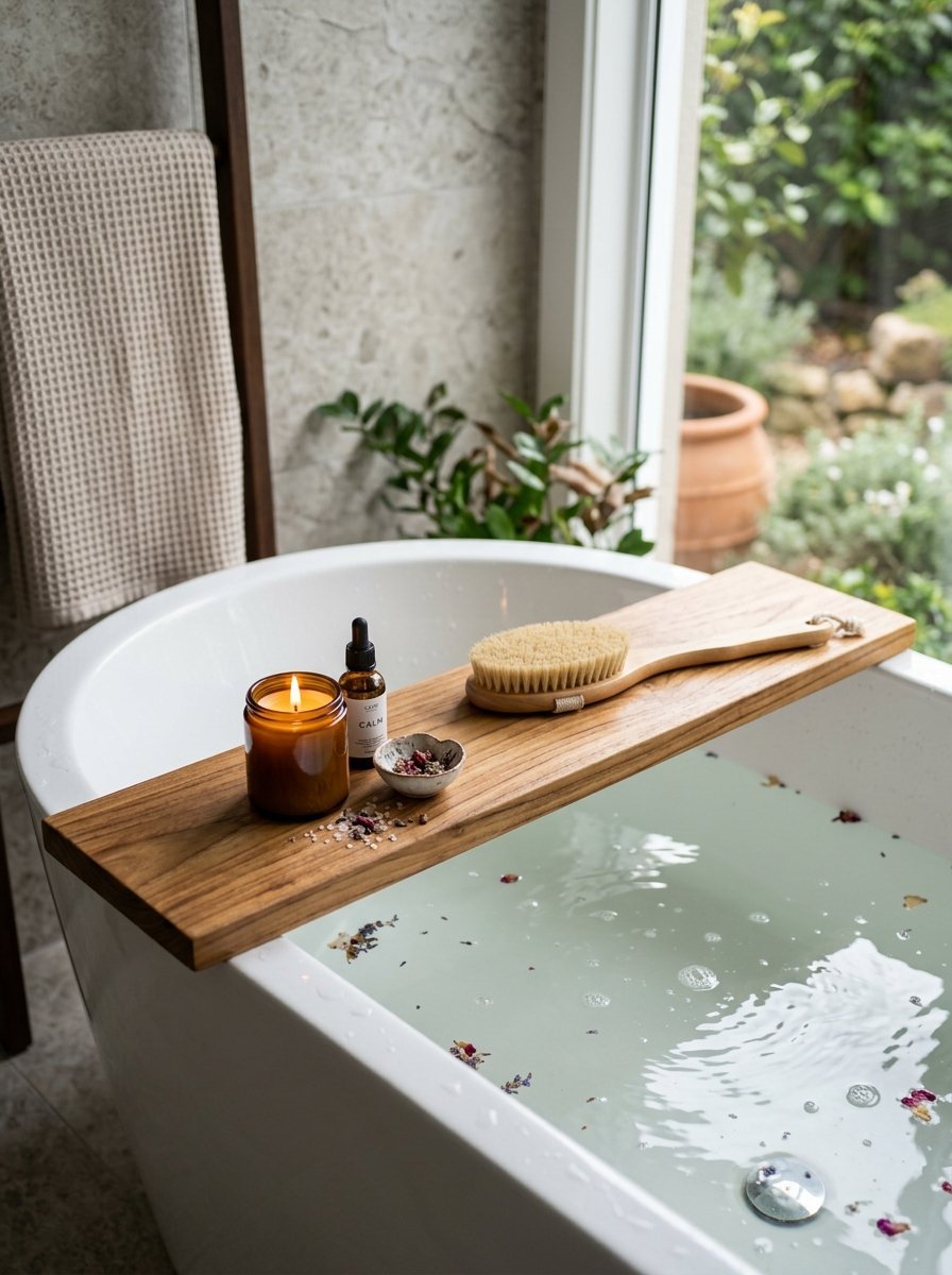 Wooden bath tray over a bathtub filled with water, dried flowers, a candle, essential oil, and a dry body brush.