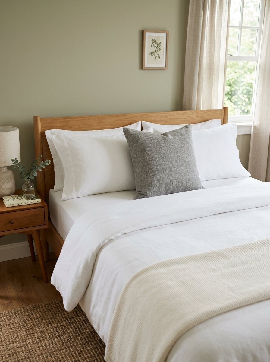 A light wood bed frame with white linens, a grey cushion, and a cream throw blanket in a room with sage green walls.