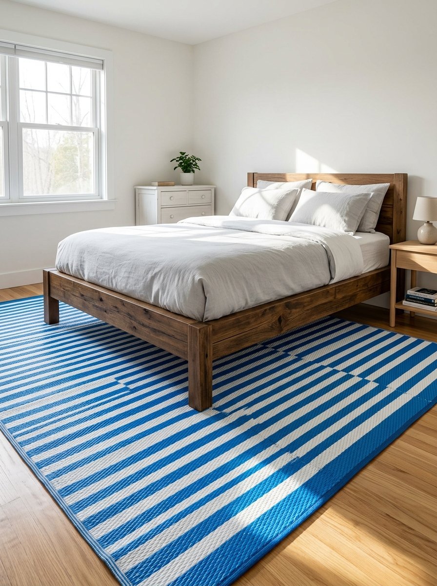 A wooden platform bed with grey linens sits on a large blue and white striped rug in a bright room.