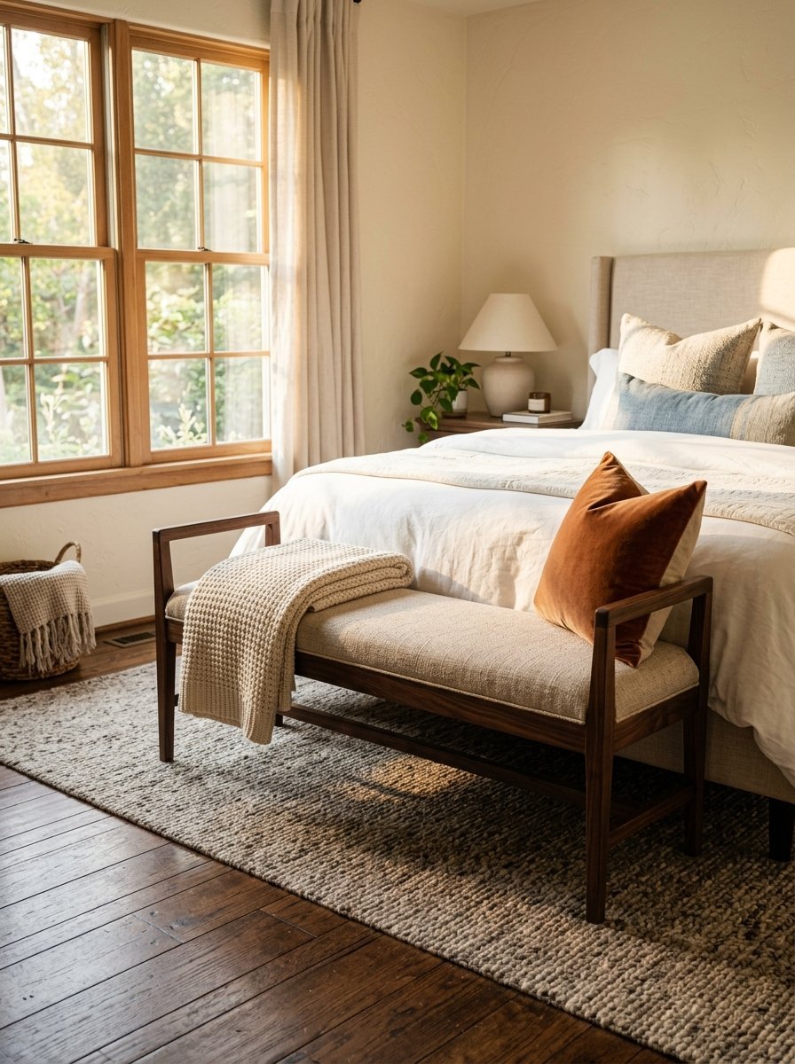 Upholstered wooden bench with a knit blanket and orange pillow at the foot of a bed in a sunny, neutral room.