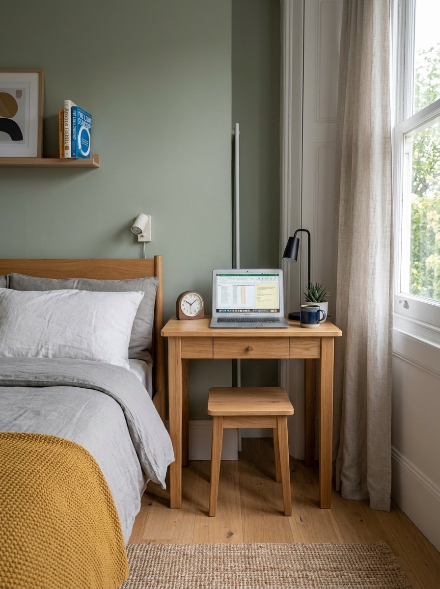 A wooden desk and stool with a laptop sit next to a bed with a mustard yellow knit blanket in a sage green room.