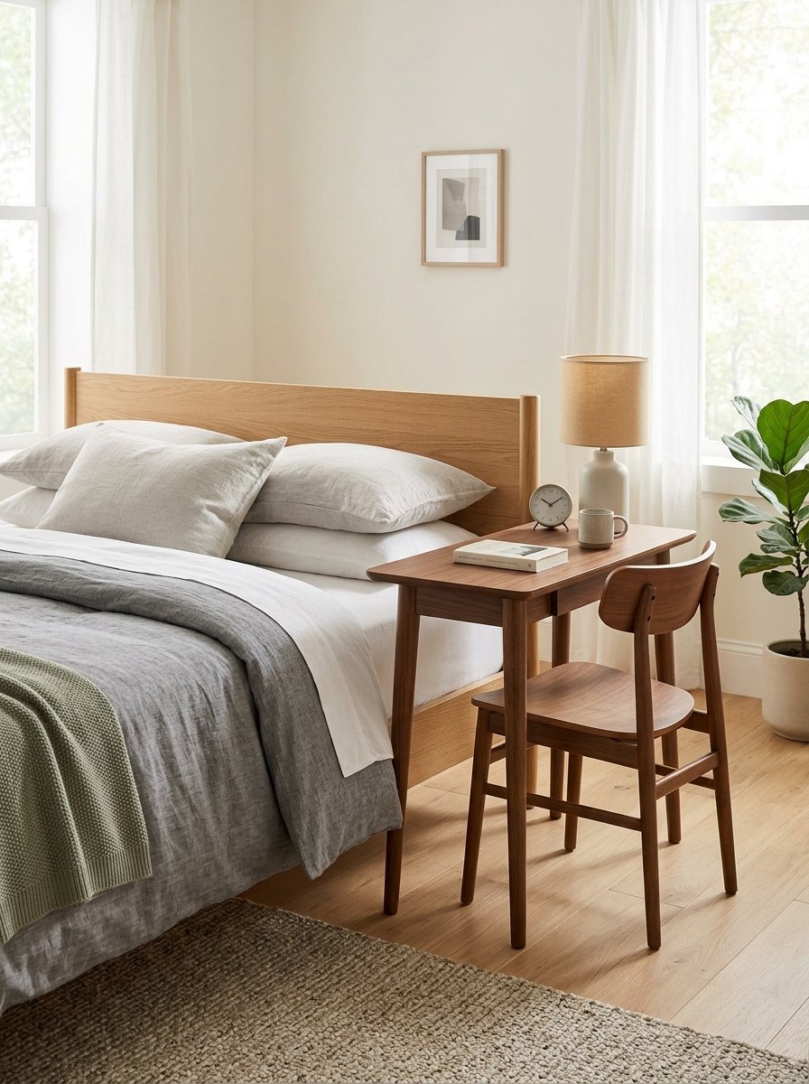A light wood bed with linen bedding beside a dark wood desk, chair, table lamp, and potted indoor plant.