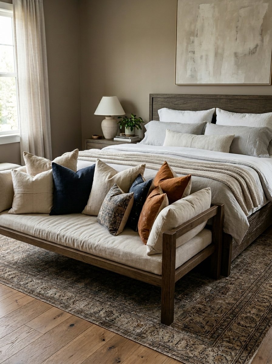 Wood bench with neutral, blue, and orange pillows placed at the foot of a bed in a modern bedroom.