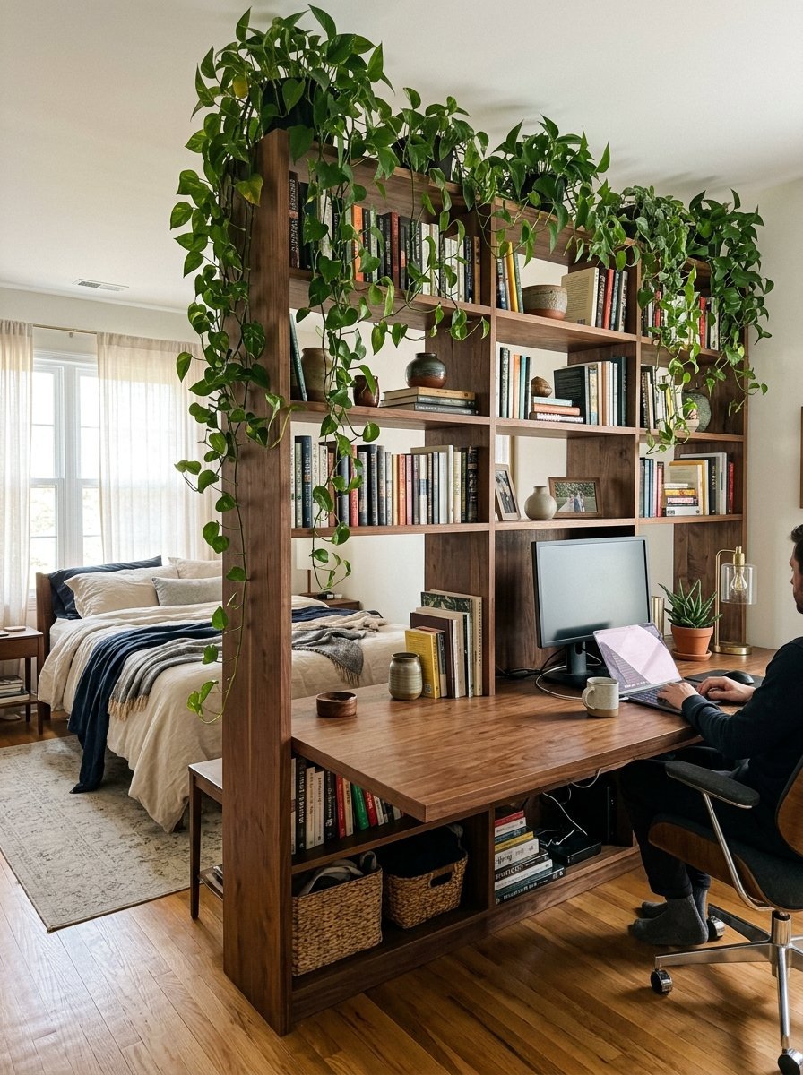 Man working on a laptop at a desk integrated into a tall wooden bookshelf that divides a bedroom space.