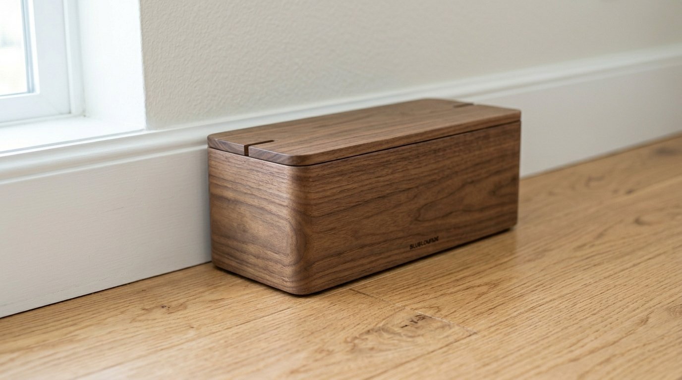 A sleek dark wood box for hiding electrical cords placed on oak flooring next to a white baseboard.