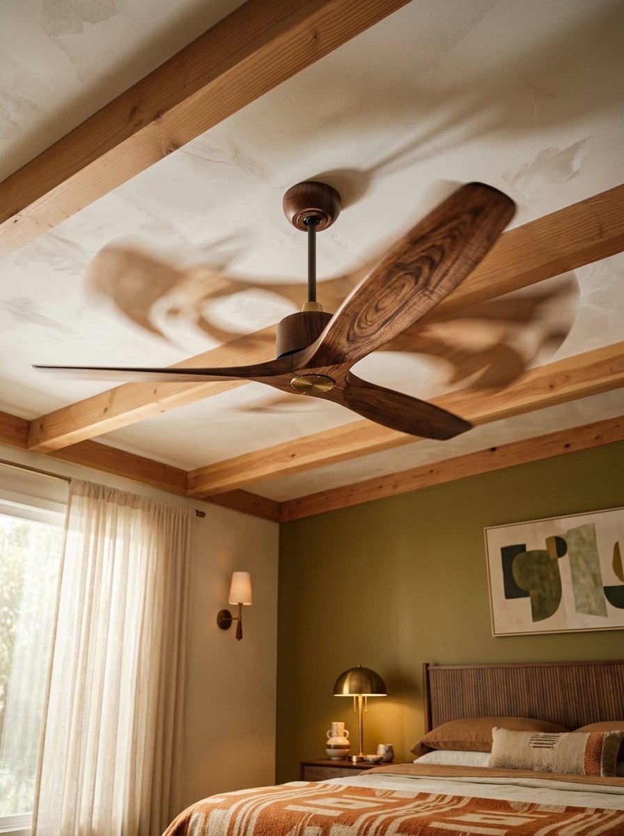 A motion-blurred walnut wood ceiling fan suspended from a beam ceiling in an earth-toned rustic bedroom.
